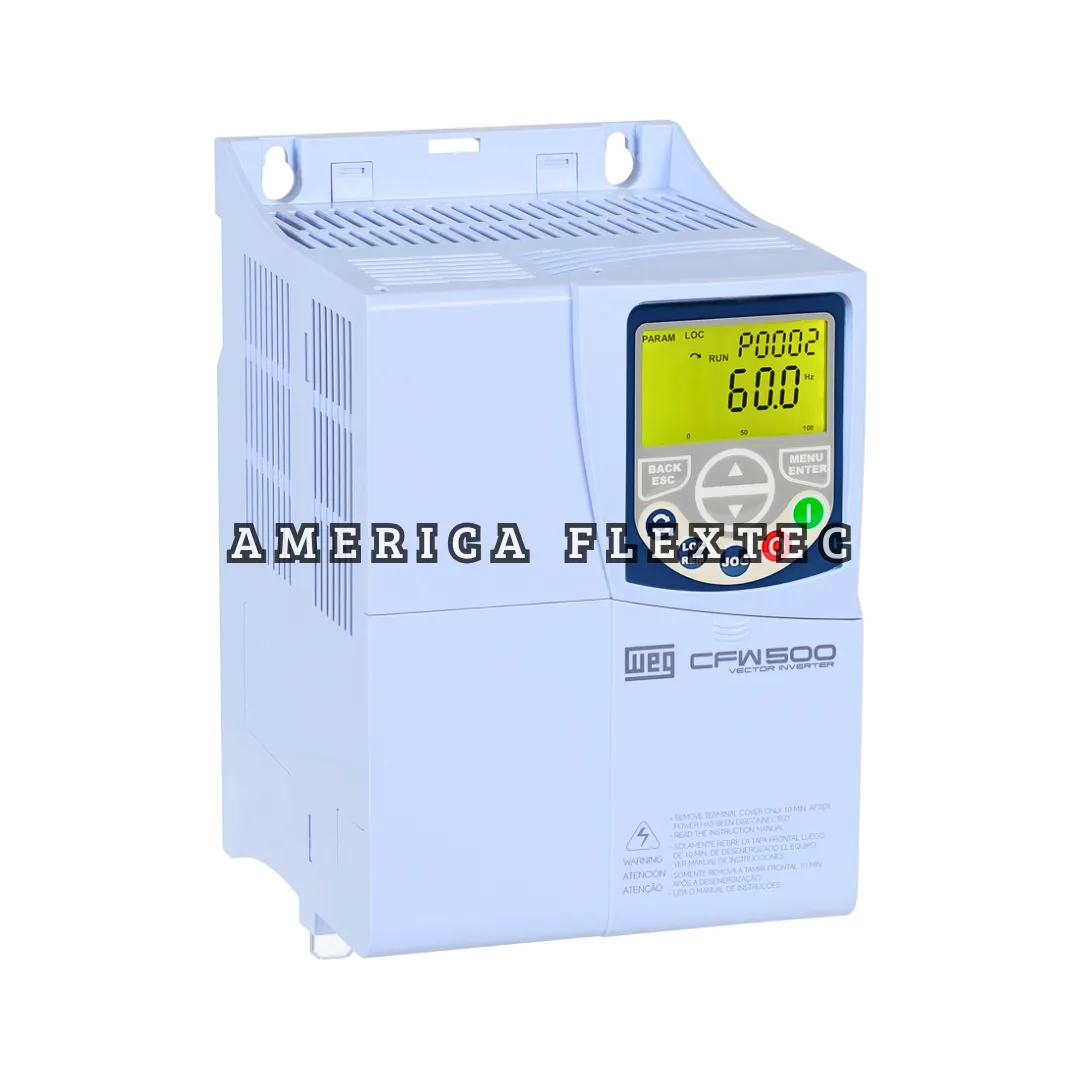 Inversor de frequência WEG CFW500 vista lateral e frontal com display ligado